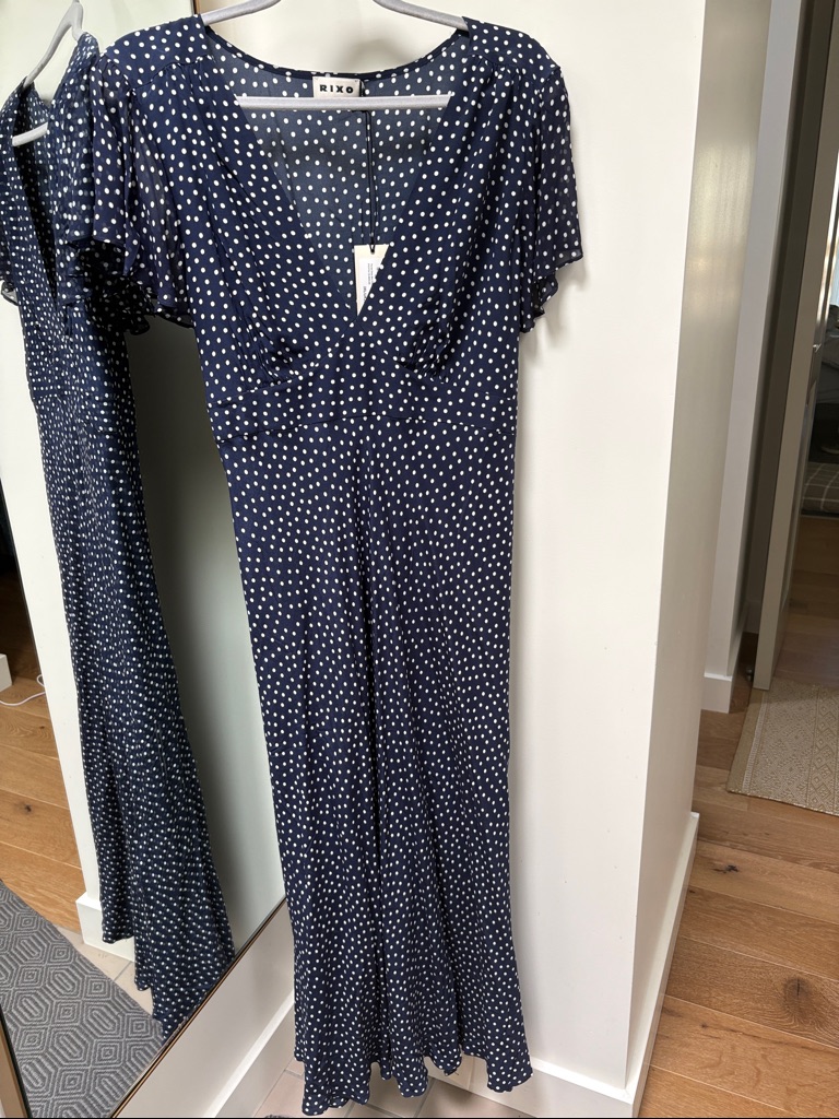 Rixo Nwt Navy And White Polka Dot Flutter-Sleeve Dress - Florida